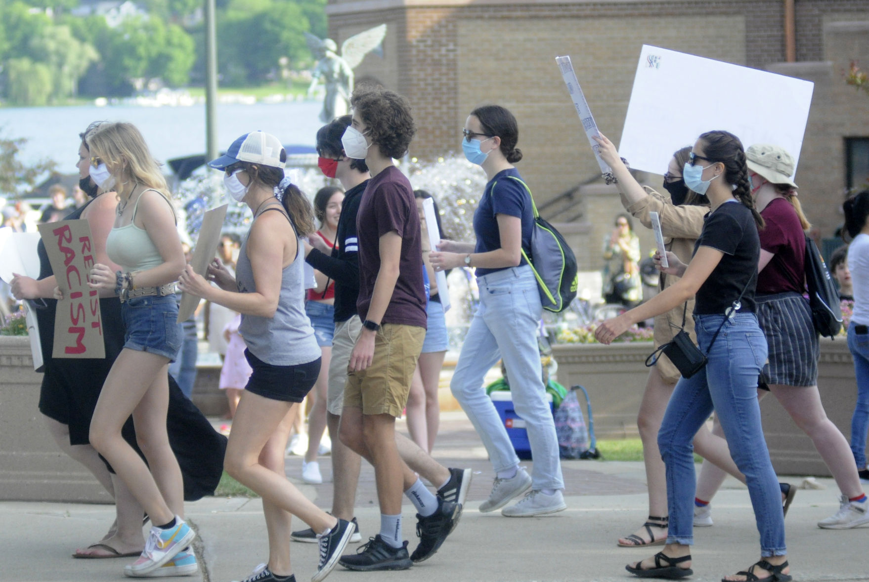 Protesters march in front of the Riviera